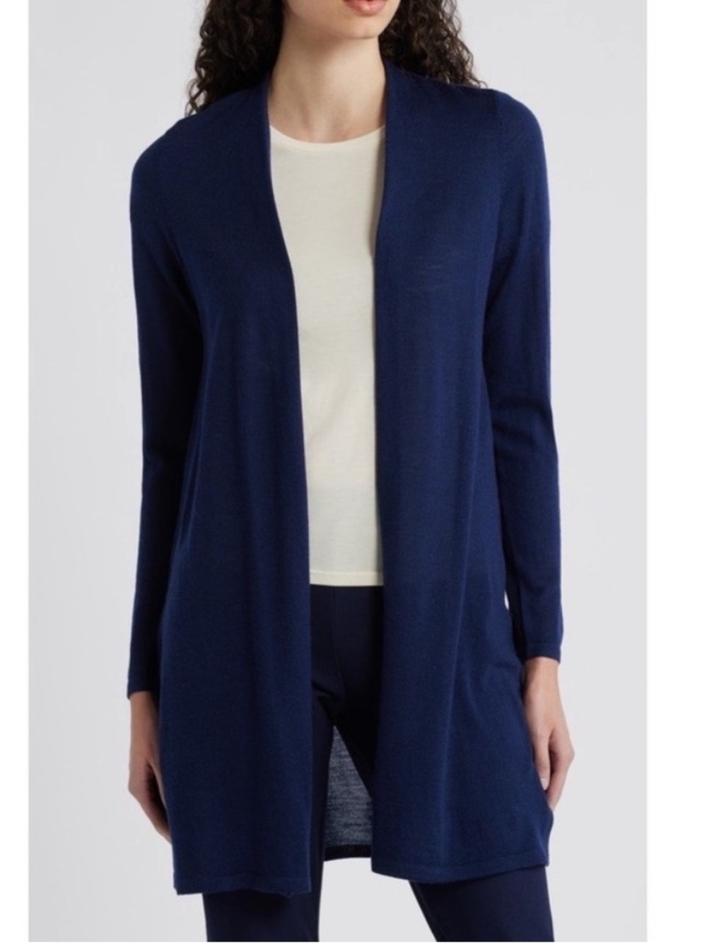 Eileen Fisher Navy Open-Front Long Merino Wool Cardigan